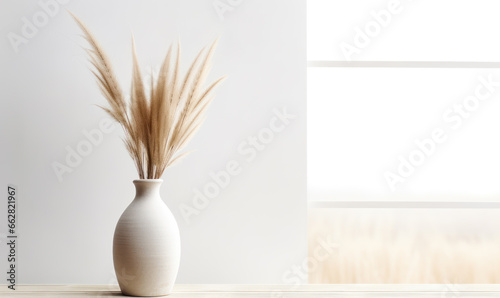 Decorative clay vase with pampas grass against window near white wall