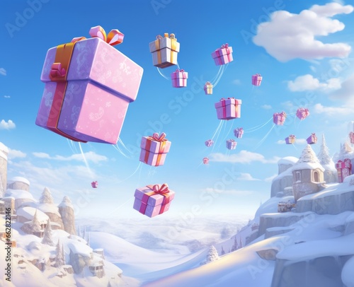 A festive frenzy of holiday cheer takes flight as whimsical presents soar through the wintry sky, suspended by colorful balloons against a backdrop of swirling clouds and snow-covered landscapes