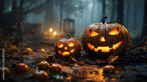 Halloween Pumpkins With Scary Faces with Foggy Background Selective Focus