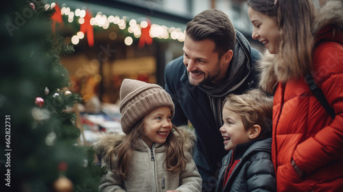 christmas market with happy family laughing together, generative ai