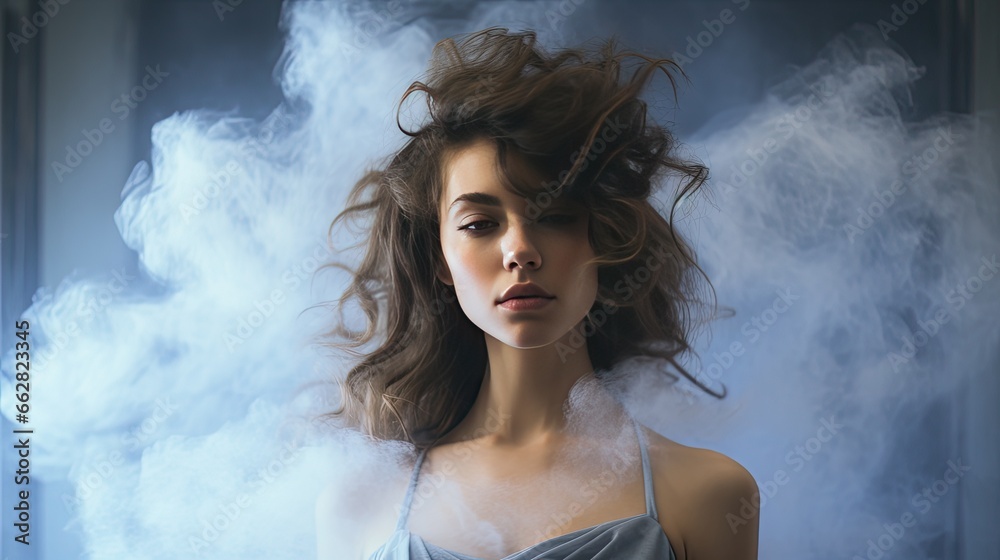 Model with a playful expression, complemented by the lightness of the drifting smoke