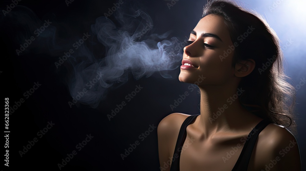 Model with a shadowed profile, contrasted by the luminosity of the surrounding smoke.