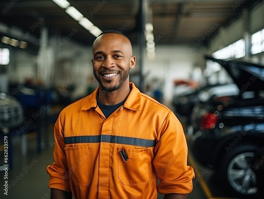 African man in a car service station wearing orange overalls and smiling African man in a car service station wearing orange overalls and smiling