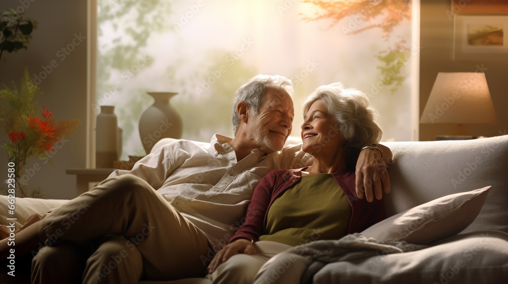 HAPPY ELDERLY MARRIED COUPLE ON THE SOFA. image created by legal AI