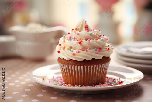 a cupcake with sprinkles on table