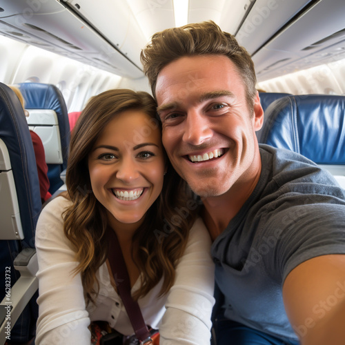 HAPPY COUPLE TAKING SELFIE IN THE AIRPLANE CABIN. image created by legal AI