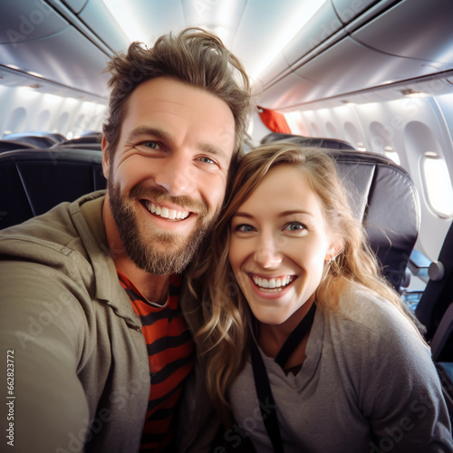 HAPPY COUPLE TAKING SELFIE IN THE AIRPLANE CABIN. image created by legal AI © PETR BABKIN