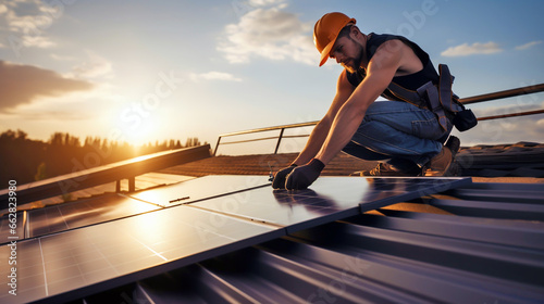 PROFESSIONAL TECHNICIAN INSTALLS SOLAR PANELS ON THE ROOF. image created by legal AI © PETR BABKIN