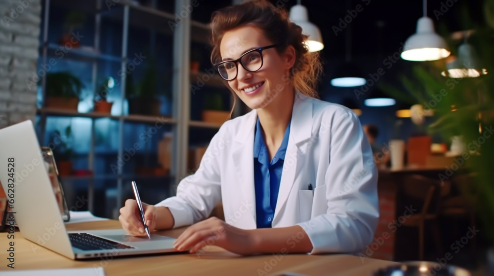 FEMALE DOCTOR USES LAPTOP IN HER WORK. image created by legal AI FEMALE DOCTOR USES LAPTOP IN HER WORK. image created by legal AI