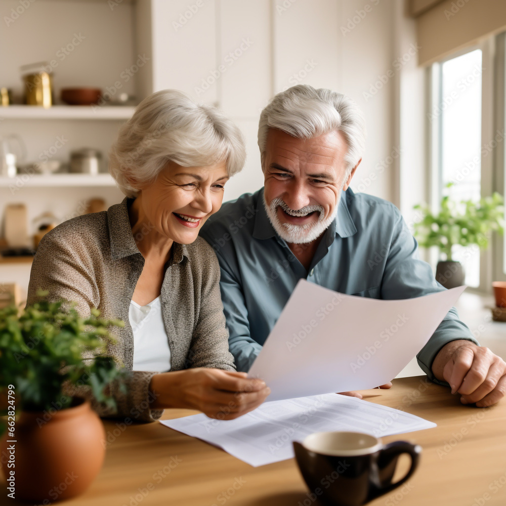 HAPPY RETIRED SENIOR FAMILY COUPLE READS AND CHECKS FINANCIAL DOCUMENT. image created by legal AI HAPPY RETIRED SENIOR FAMILY COUPLE READS AND CHECKS FINANCIAL DOCUMENT. image created by legal AI