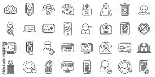 Deleting social account icons set outline vector. Delete app. Block remove identity