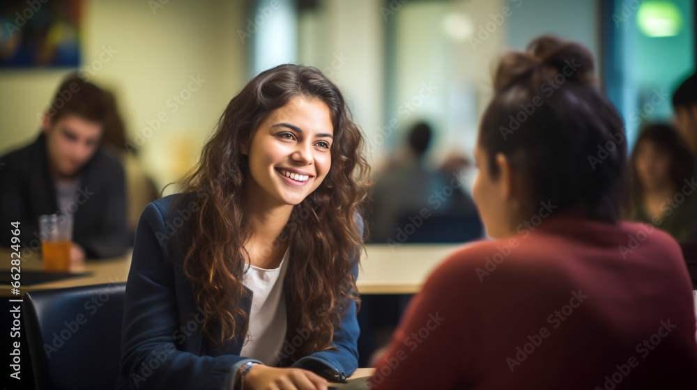 HAPPY INTERNATIONAL, FEMALE STUDENT TALKING TO TEACHER, IN TRAINING CENTER. image created by legal AI