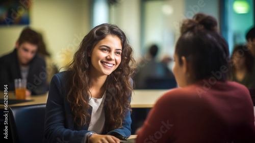 HAPPY INTERNATIONAL, FEMALE STUDENT TALKING TO TEACHER, IN TRAINING CENTER. image created by legal AI © PETR BABKIN