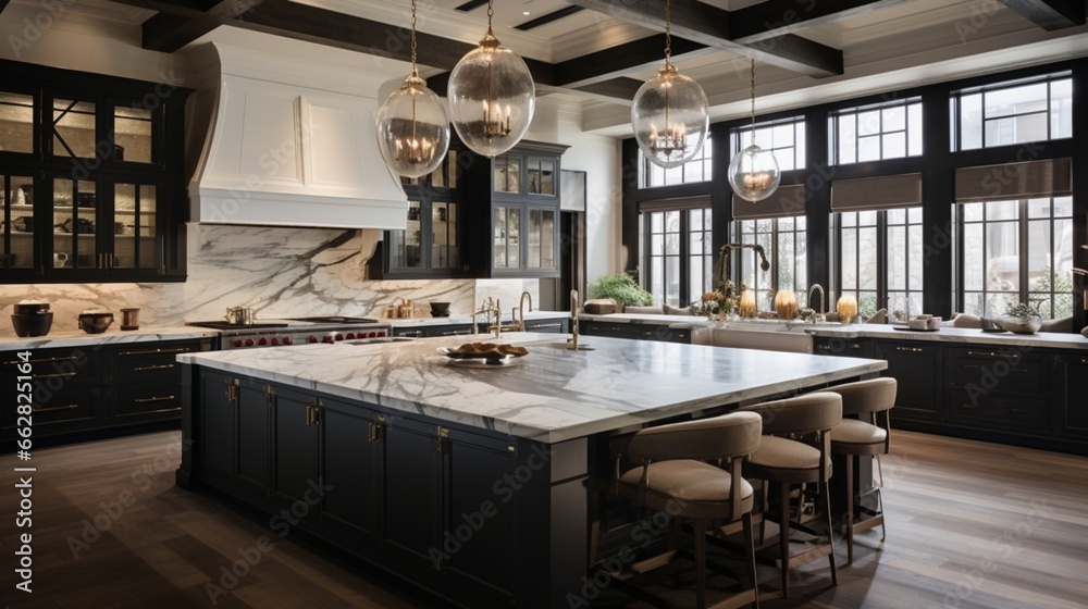 Fototapeta premium A gourmet kitchen with a marble backsplash and statement lighting