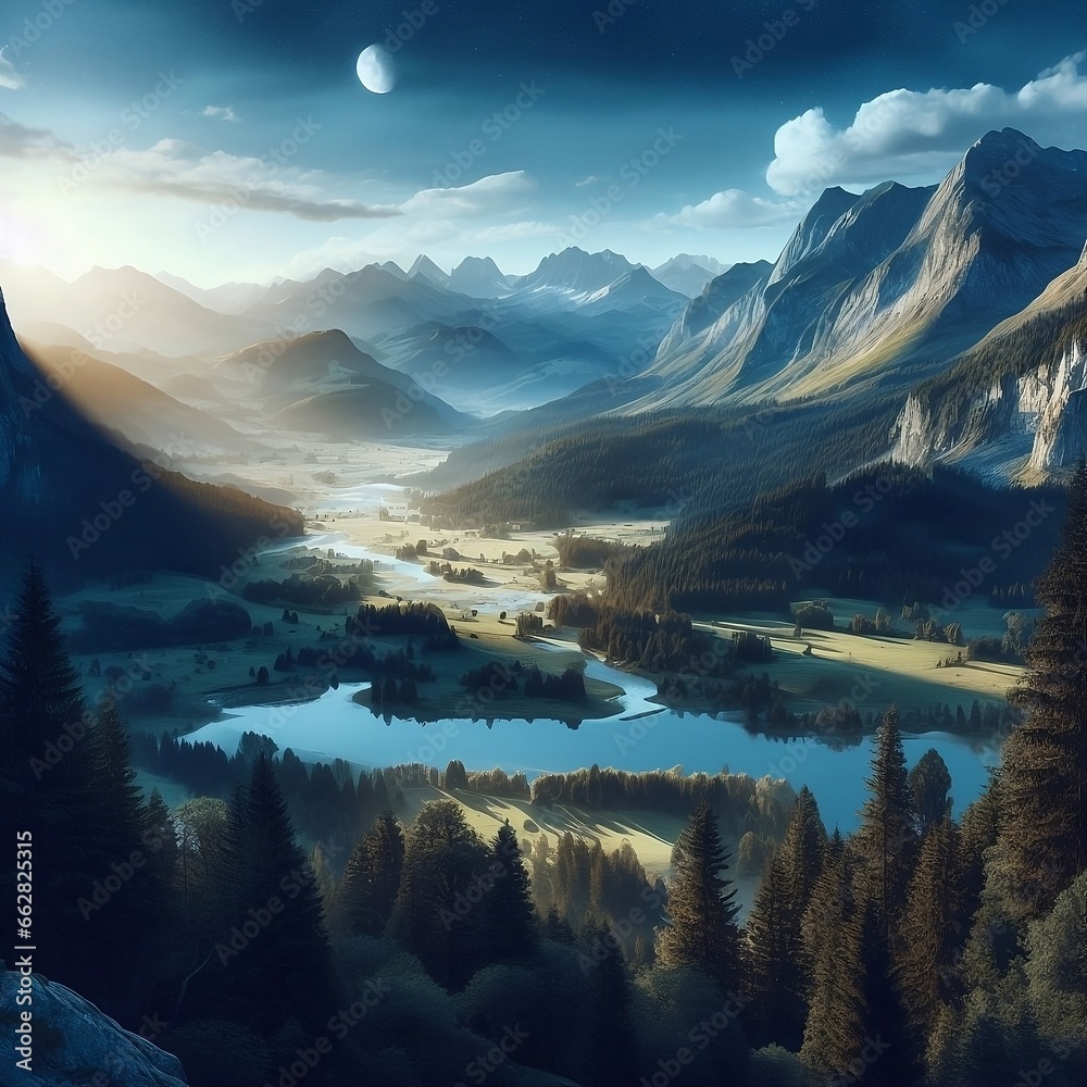 A serene mountain landscape with a reflective lake, surrounded by picturesque mountains and trees created with ai