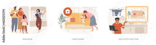 Home for sale isolated concept vector illustration set. Open house, home staging, real estate video tour, floor plan, walk through, private residence, potential buyer, furniture vector concept.
