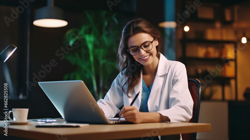 FEMALE DOCTOR USES LAPTOP IN HER WORK. image created by legal AI