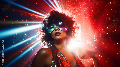 GLAMOROUS WOMAN, MODEL IN DISCO STYLE, NIGHTCLUB, HORIZONTAL IMAGE. image created by legal AI