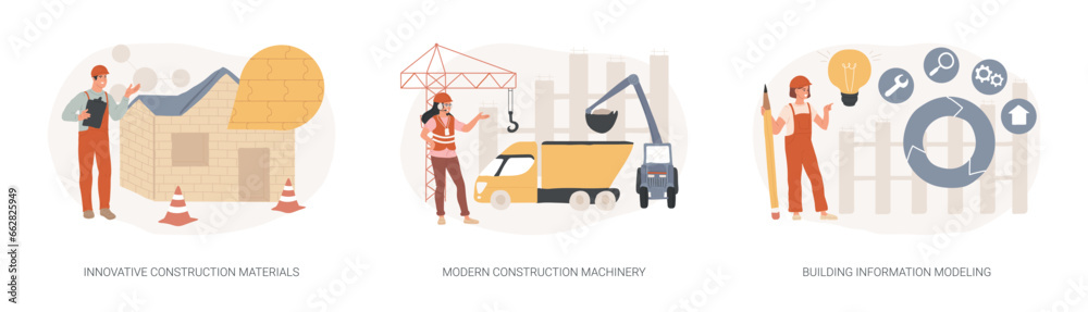 Construction technology innovation isolated concept vector illustration set. Innovative construction materials, modern machinery, building information modeling, project management vector concept. - obrazy, fototapety, plakaty 