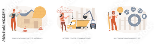 Construction technology innovation isolated concept vector illustration set. Innovative construction materials, modern machinery, building information modeling, project management vector concept.