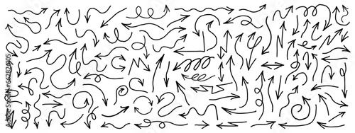 Fototapeta Naklejka Na Ścianę i Meble -  Hand drawn arrow vector doodle icons set. Sketch linear Pointer Signs. Graphic Element.