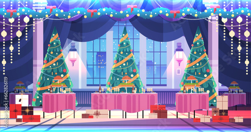 christmas tree and gifts in decorated restaurant new year winter holidays celebration concept horizontal