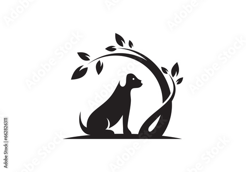 dog and leaf logo design. pet care white tree circle concept element symbol vector illustration