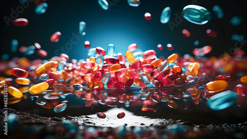 3d rendering of multicolor capsules and pills falling on black background. Generative AI technology.