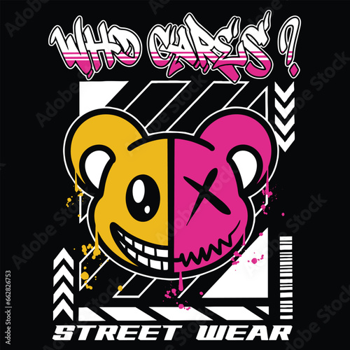 Graffiti cute bear street wear illustration with slogan who cares ?
