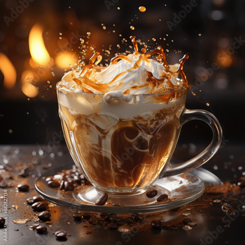 In a moody cafe setting, a hot cup of coffee takes center stage against a dark background. As a rich, aromatic cappuccino is poured into the cup, an action shot captures the dynamic moment.