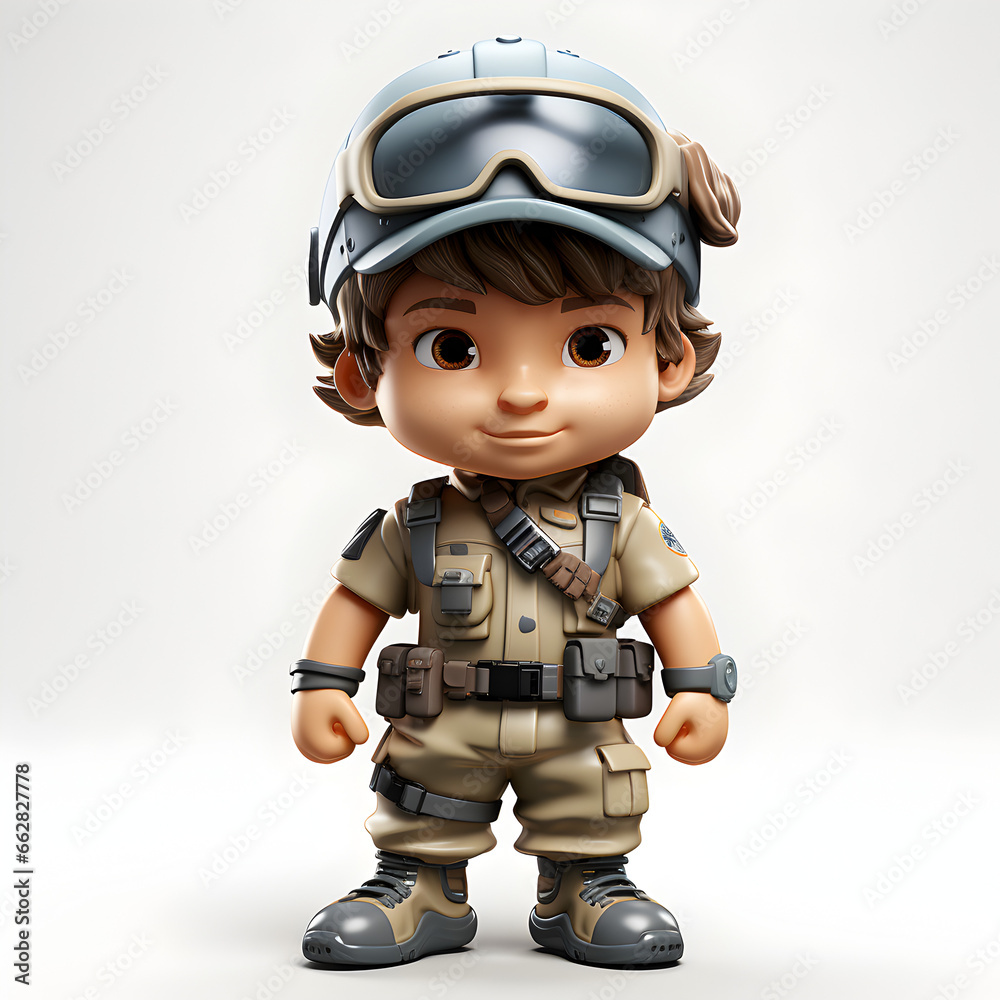 cute army soldier 3d character with white background
