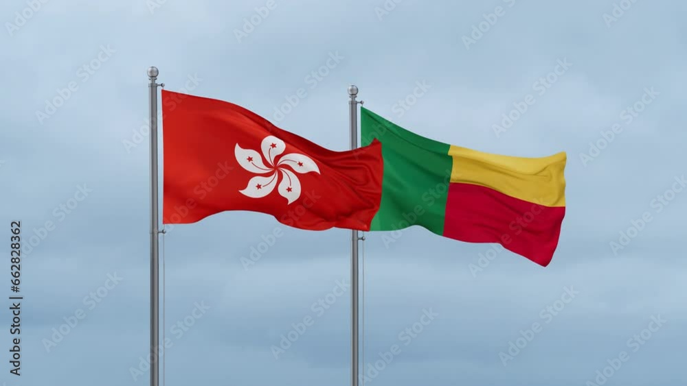 Hong Kong flag and Benin flag waving together on cloudy sky, endless seamless loop Hong Kong flag and Benin flag waving together on cloudy sky, endless seamless loop