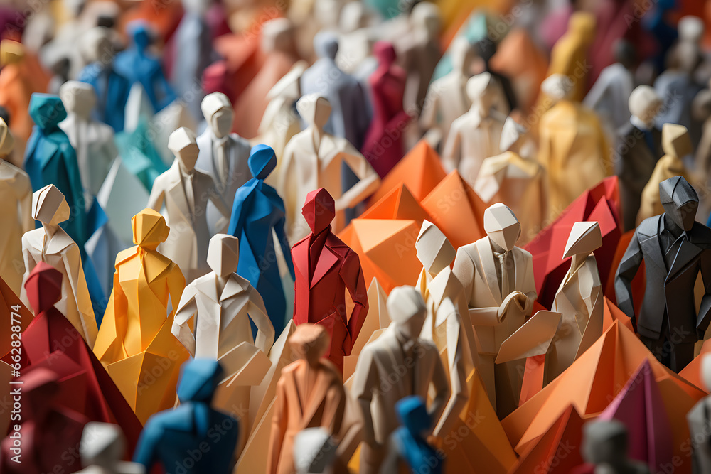Large crowd of diverse people in origami form inside a town - obrazy, fototapety, plakaty 