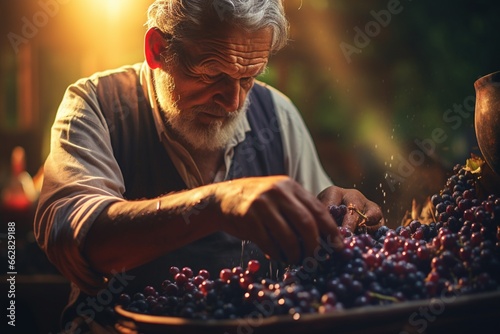 Man collecting grapes harvest season farmers working