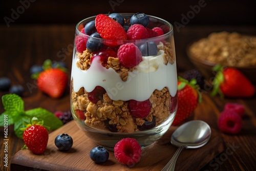 Yogurt parfait with fresh fruits on rustic wooden tables
