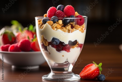 Yogurt parfait with fresh fruits on rustic wooden tables