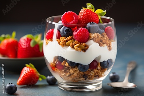 Yogurt parfait with fresh fruits on rustic wooden tables