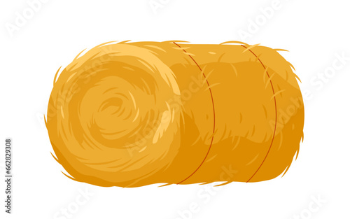 Round hay bale vector illustration. Cartoon isolated circle straw roll with ropes, farm stack of yellow dry natural grass from farmland pasture, golden hayrick package to feed agricultural animals