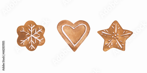 Set of 3 gingerbread cookies isolated. Vector illustration. Watercolor homemade gingerbread decorated. Christmas biscuits in the shape of a heart, a star, and a snowflake. Holiday clipart.