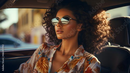 Happy beauty woman driving a car. Created by generative AI technology