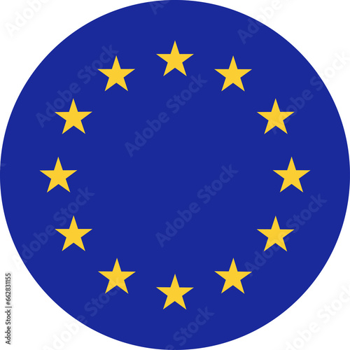 European Union round flag. EU flag, yellow stars on blue circle. European Union flag push button.