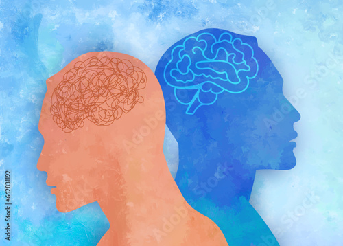 Metaphor bipolar disorder mind mental. Double face with tangle and untangle brain. Split personality. Mood disorder. 2 Head silhouette. Psychology. Mental health. Psychiatry.Watercolor