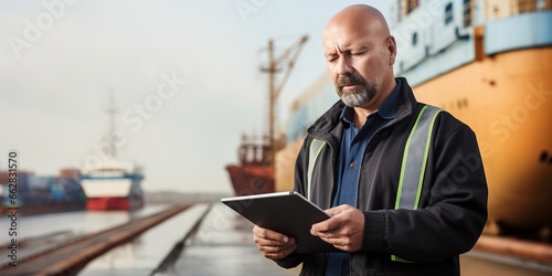 Shipyard worker using a tablet, captured in a portrait on background of ship and ocean, concept of Oceanic technology