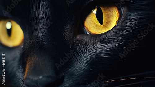 Close-up Portrait of Black Cat with Yellow Eyes Created with Generative AI