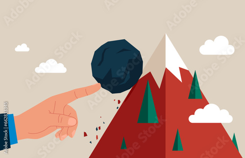 Hand entrepreneur pushing boulder uphill to mountain peak. Business difficulty, struggle, challenge to success, motivation or persistence. Vector flat illustration