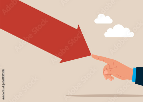 Finger pushing falling down arrow with full effort. Survive investment crash, crisis, pushing effort to win business challenge. Vector illustration