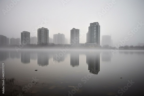 Urban landscape with misty sky and foreground water  featuring buildings  light reflection on watery surface and fog. Generative AI