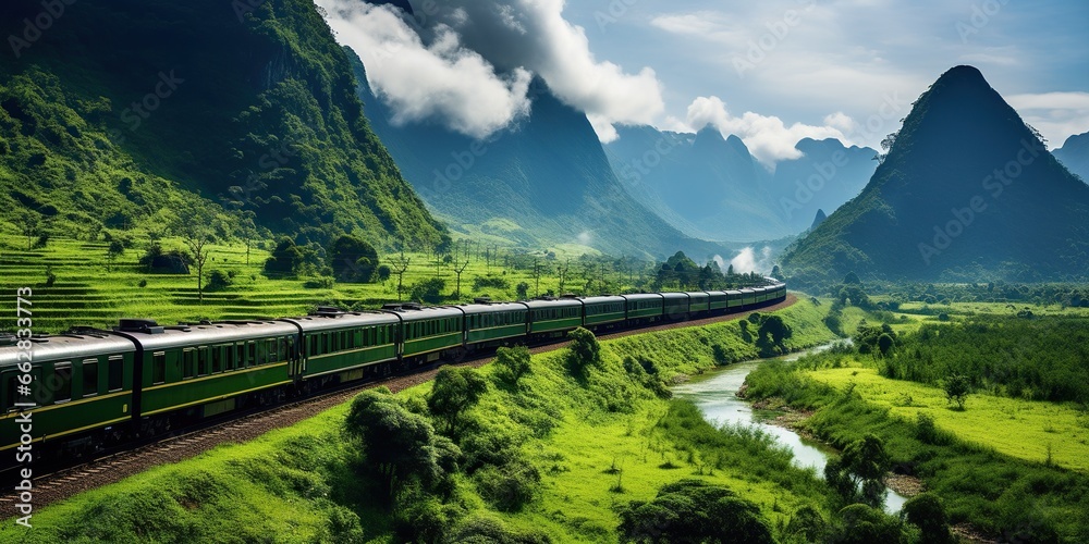 Train weaving through incredibly landscape , concept of Majestic travel