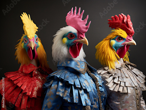 Three roosters or hens in a red jacket and glasses on a black background. Three French hens, The 12 Days of Christmas © el-bee
