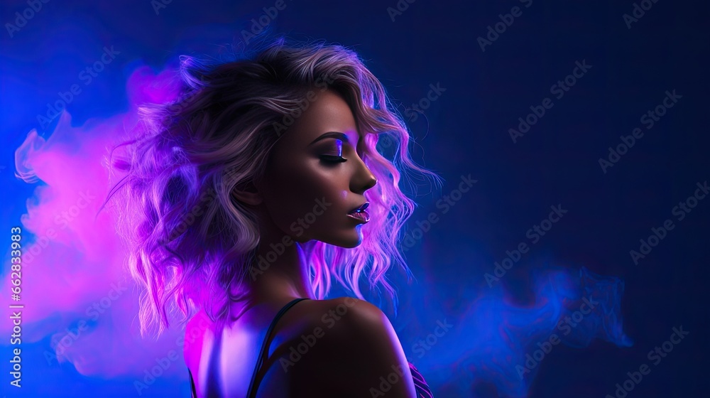 Model in an ensemble with integrated LEDs, backlit by radiant magenta smoke